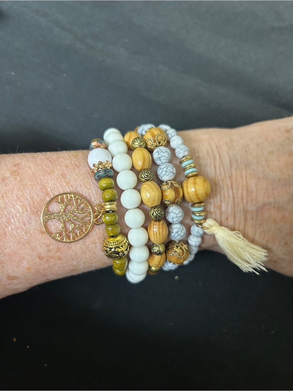 Stackable Beaded Bracelet Set with Tree of Life Charm - White, Wood & Olive